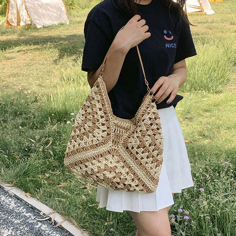 Borsa Donna Grande Beige Paglia Elegante con Manici Similpelle - Estiva a Spalla - - borsa borsa paglia elena | borsa in paglia intrecciata - €25 intrecciata paglia - Concept Palermo
