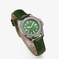 Reloj de mujer de piel verde con esfera decorada y movimiento de cuarzo