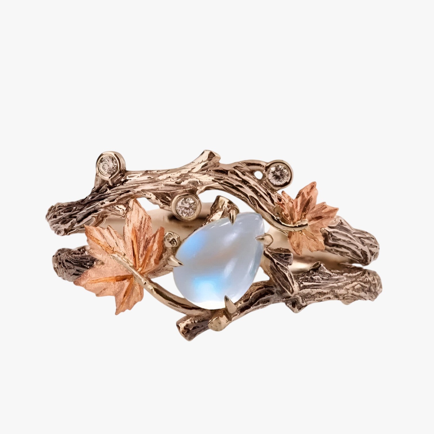 Anello in oro con foglia - Ciondolo senza tempo con scintillio di pietra di luna - - anello anello foglia ciondolo foglia jewelry luna pietra Rings scintillio womens ring - Concept Palermo