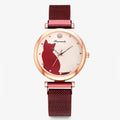 Reloj de mujer con esfera en forma de gato y correa de malla – Set de 5 piezas