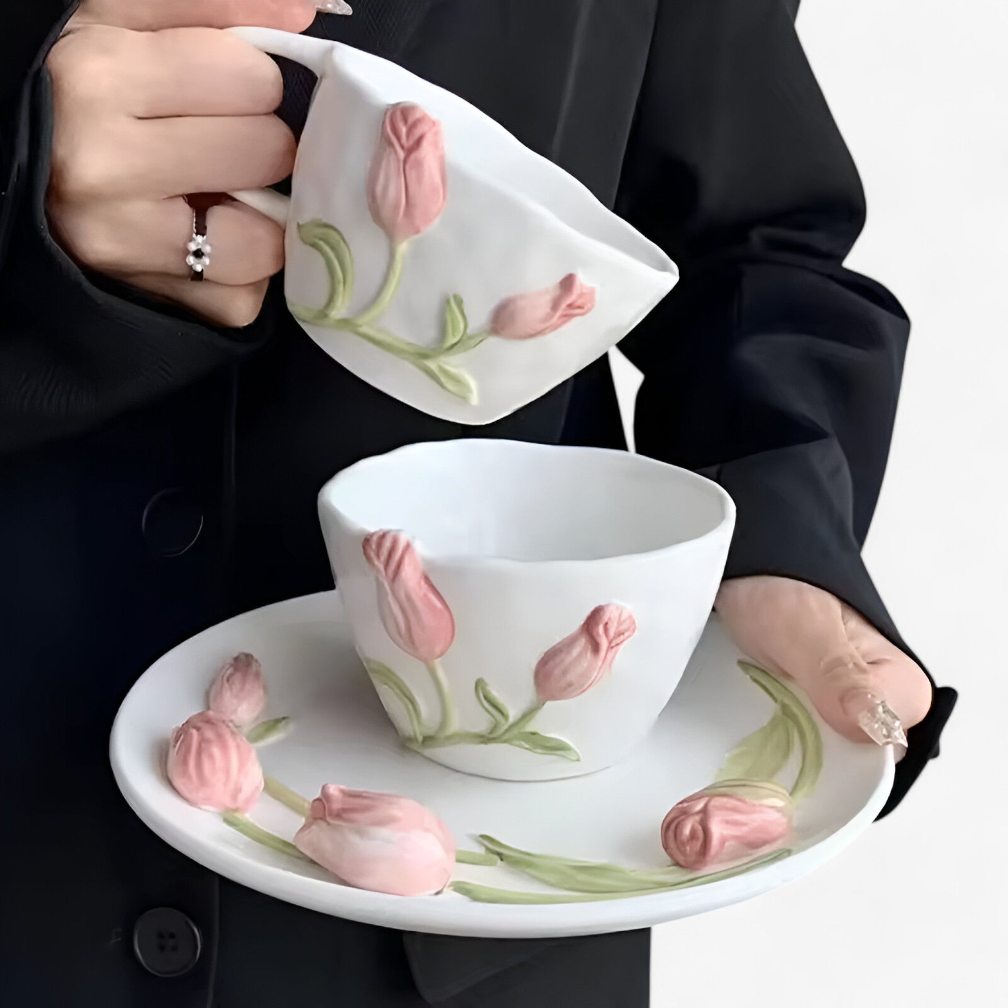 Tazza da caffè in ceramica creativa a forma di tulipano con piattino - Set rosa 260-310ML - caffè ceramica creativa forma home & garden huis & tuin piattino tazza tazza caffè - Concept Palermo