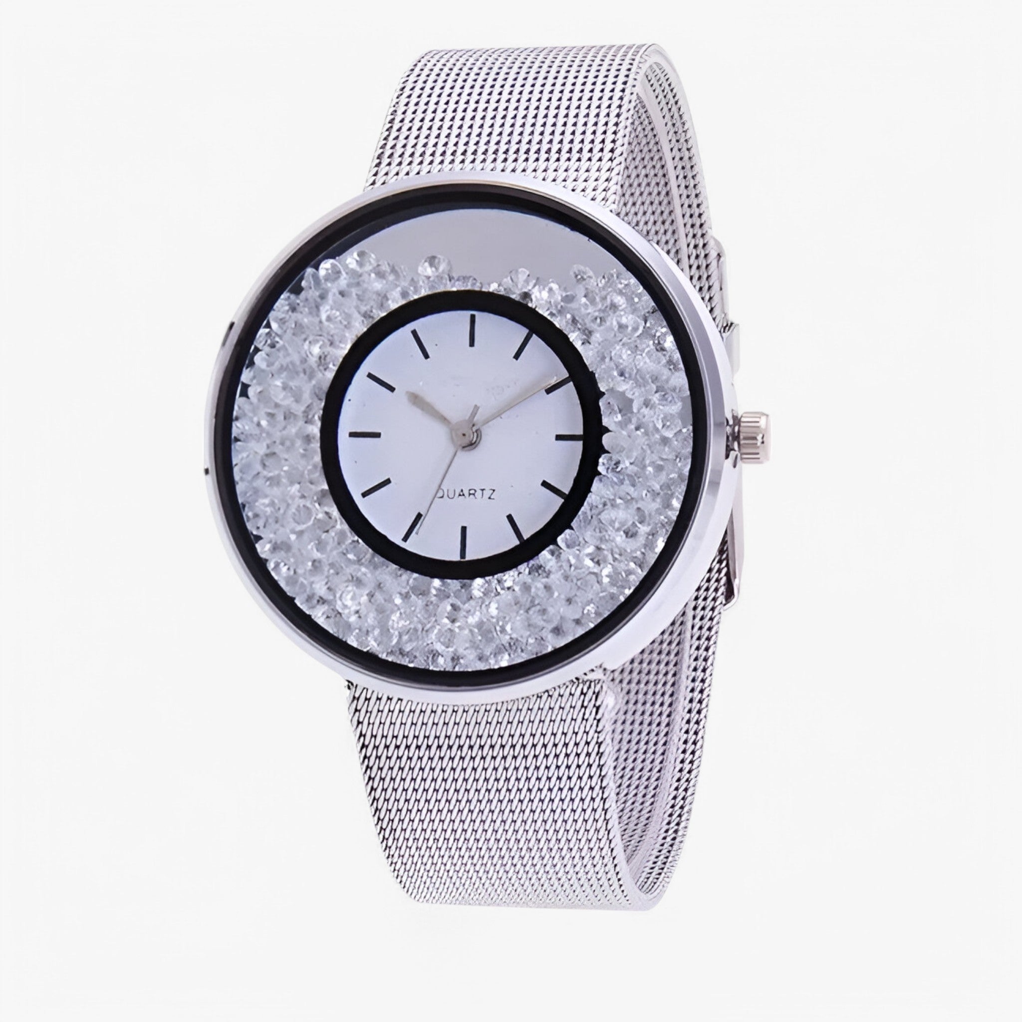 Orologio da donna in acciaio con finitura oro rosa e bracciale in maglia di strass - argento - acciaio bracciale donna female watch finitura maglia orologio orologio donna strass watch for women - Concept Palermo