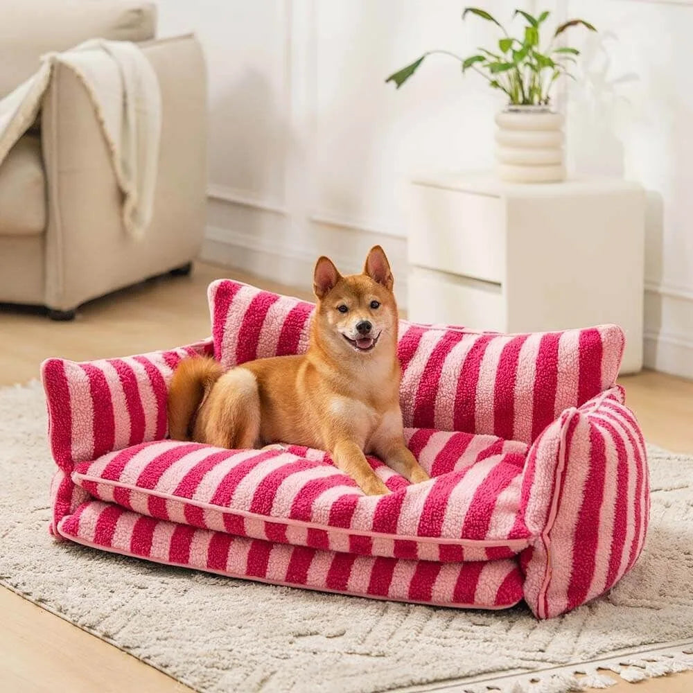 Letto per cani Design a strisce rosa - Morbido e caldo luogo di riposo - Imitazione lana d'agnello