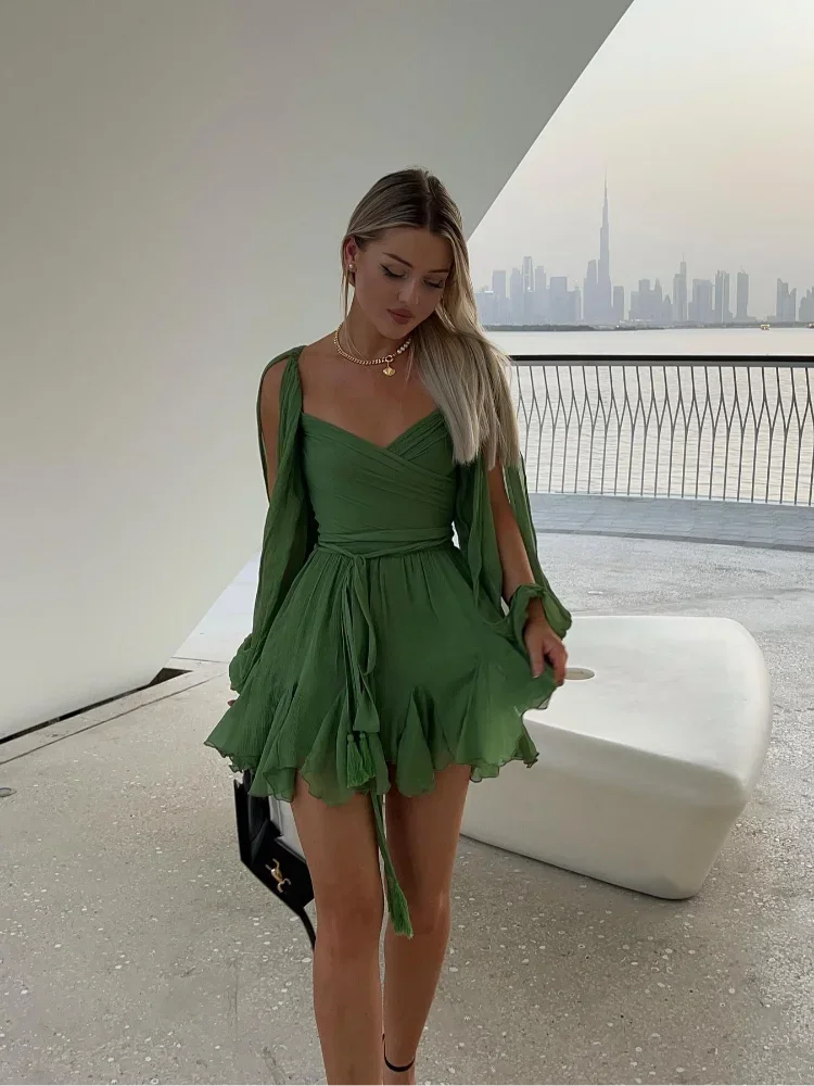 Mini abito plissettato verde sexy con maniche lunghe e scollo a V - - abito abito plissettato casual dresses DRESS dresses female dress lunghe maniche Mini Dresses plissettato scollo sexy - Concept Palermo