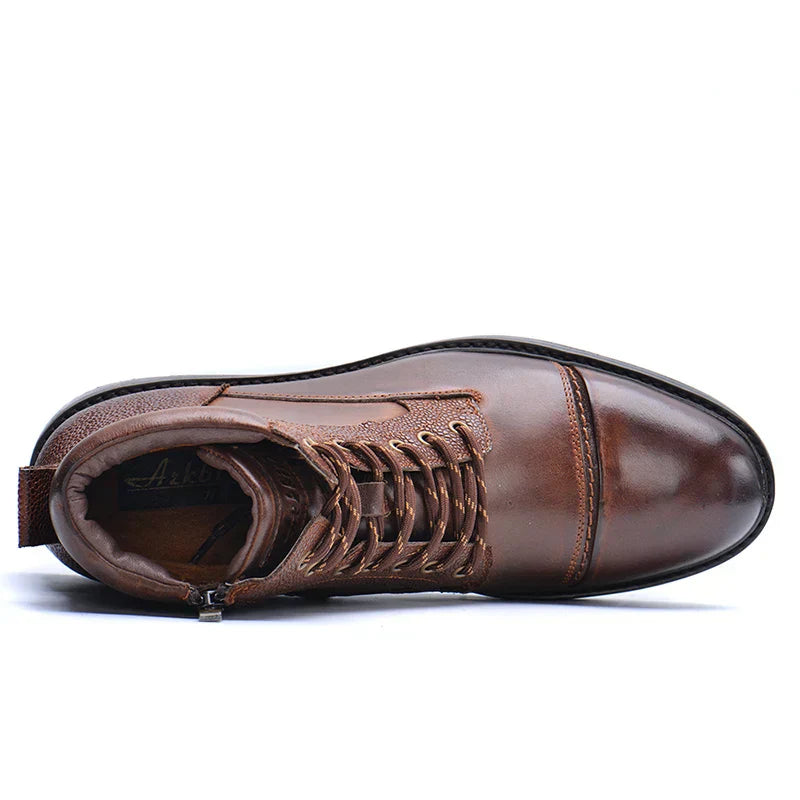 Stivali in pelle da uomo con cerniera laterale e lacci - Stivali marroni resistenti, ispirati al mondo del lavoro, per abbigliamento casual, outdoor e smart-casual