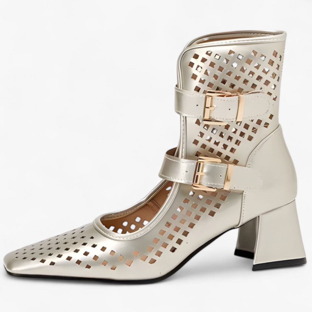 Stivali estivi con tacco grosso e dettagli in rete traforata - Oro - dettagli estivi grosso rete shoes stivali stivali estivi tacco - Concept Palermo