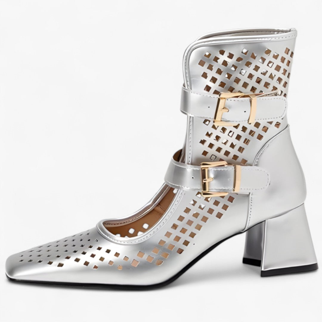 Stivali estivi con tacco grosso e dettagli in rete traforata - Argento - dettagli estivi grosso rete shoes stivali stivali estivi tacco - Concept Palermo