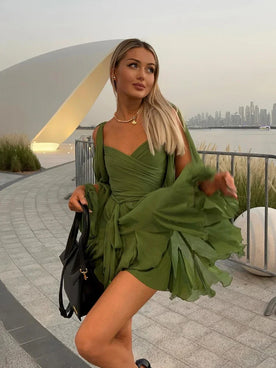 Mini abito plissettato verde sexy con maniche lunghe e scollo a V - L - abito abito plissettato casual dresses DRESS dresses female dress Linen lunghe maniche Mini Dresses plissettato scollo sexy Solid Unisex - Concept Palermo
