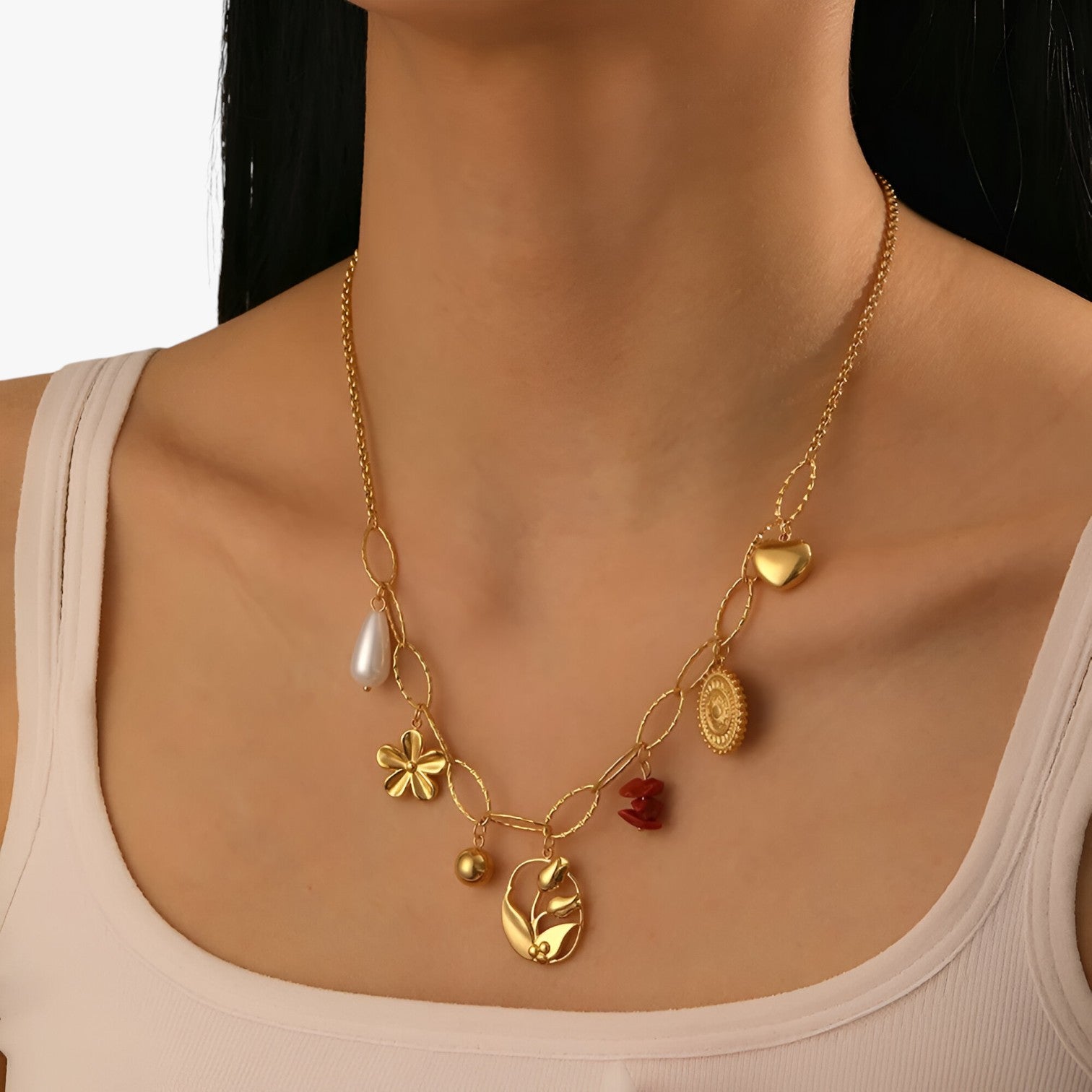 Collana con ciondoli cuore e tulipano - - ciondoli collana collana ciondoli cuore elegant womens necklaces jewelry necklace NECKLACES Necklaces for Women tulipano - Concept Palermo