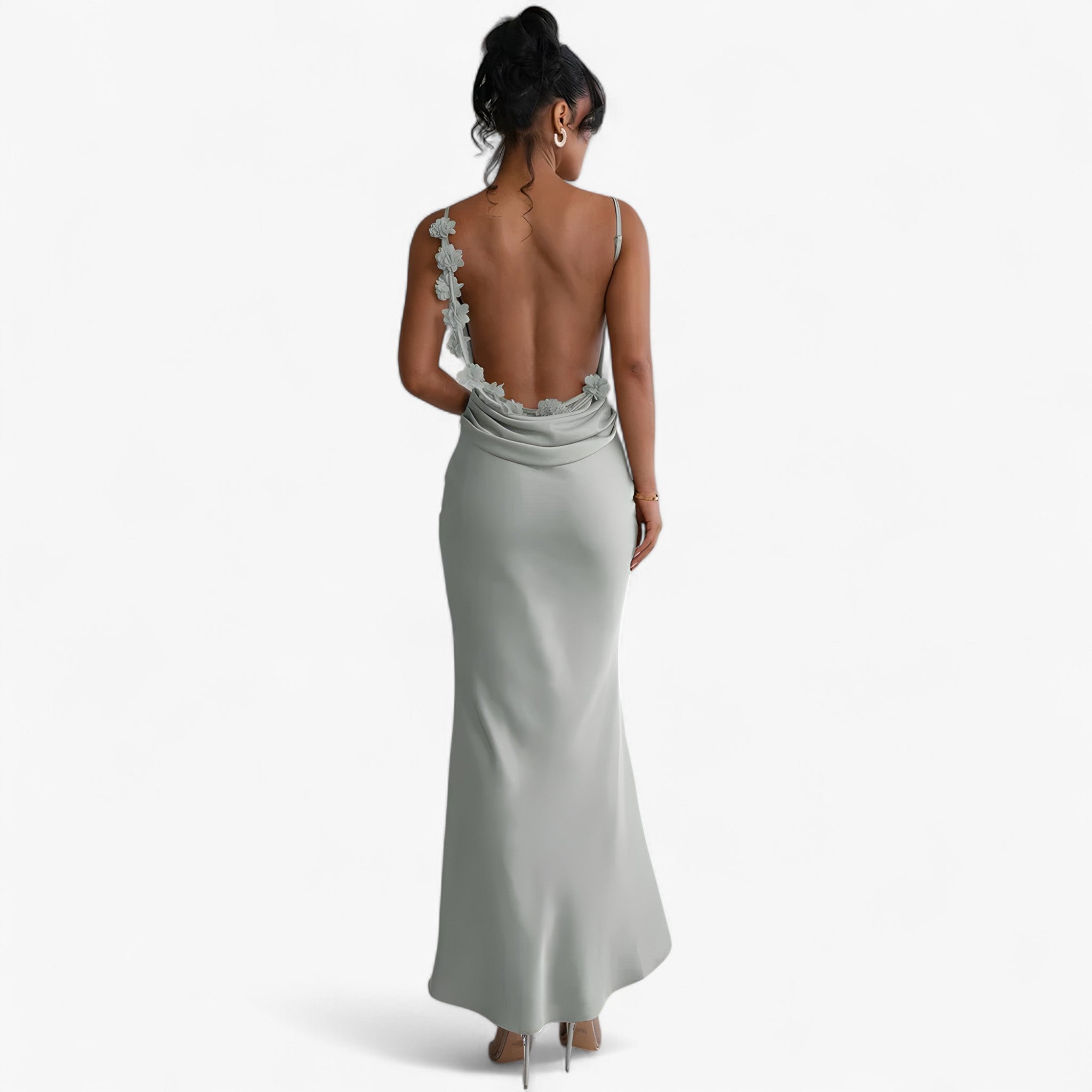 Maxivestito Floreale Donna con Schiena Scoperta Elegante in Pelle - Verde chiaro - donna dresses floreale maxivestito maxivestito floreale pelle schiena - Concept Palermo