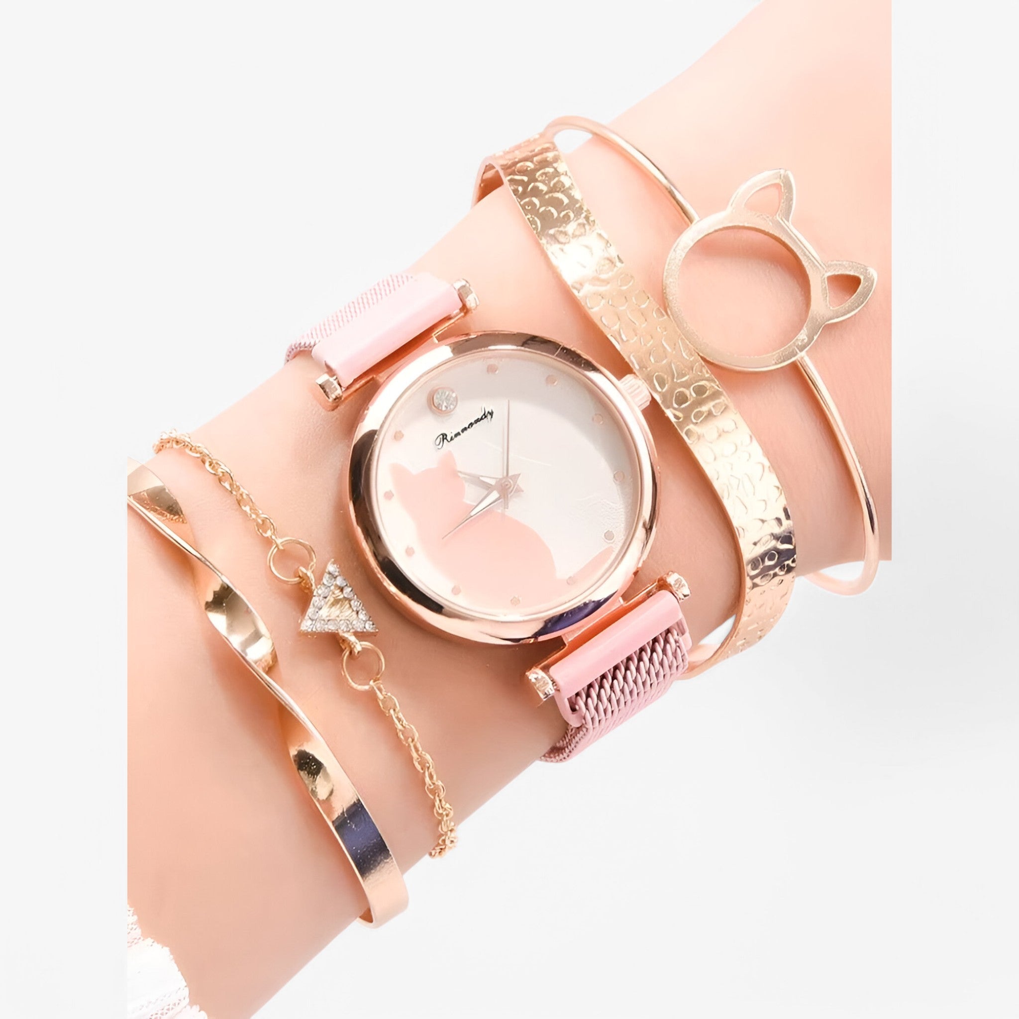Orologio da donna con quadrante a forma di gatto e cinturino in maglia – Set da 5 pezzi - - cinturino donna female watch forma gatto maglia orologio orologio donna pezzi watch for women - Concept Palermo
