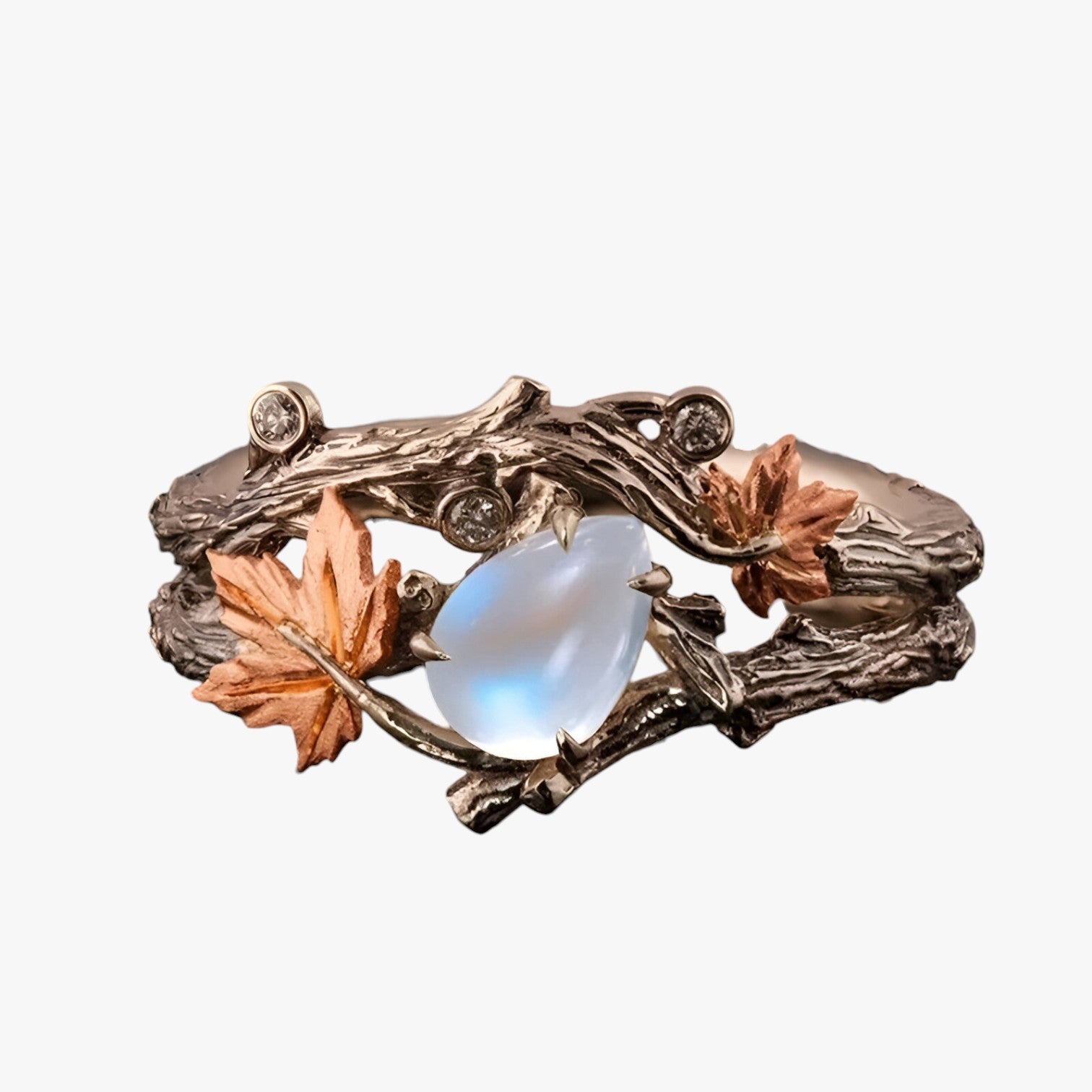 Anello in oro con foglia - Ciondolo senza tempo con scintillio di pietra di luna - - anello anello foglia ciondolo foglia jewelry luna pietra Rings scintillio womens ring - Concept Palermo