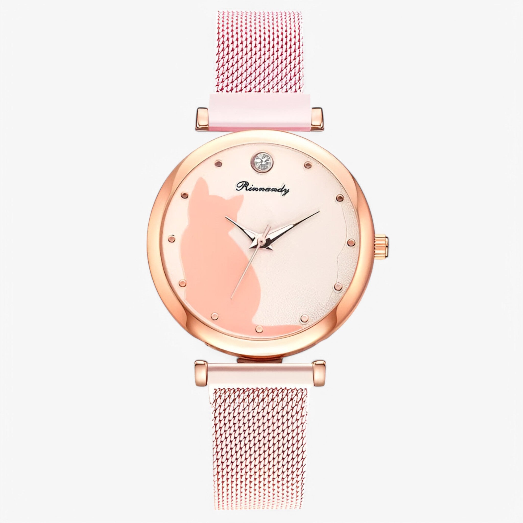 Orologio da donna con quadrante a forma di gatto e cinturino in maglia – Set da 5 pezzi - Rosa - cinturino donna female watch forma gatto maglia orologio orologio donna pezzi watch for women - Concept Palermo