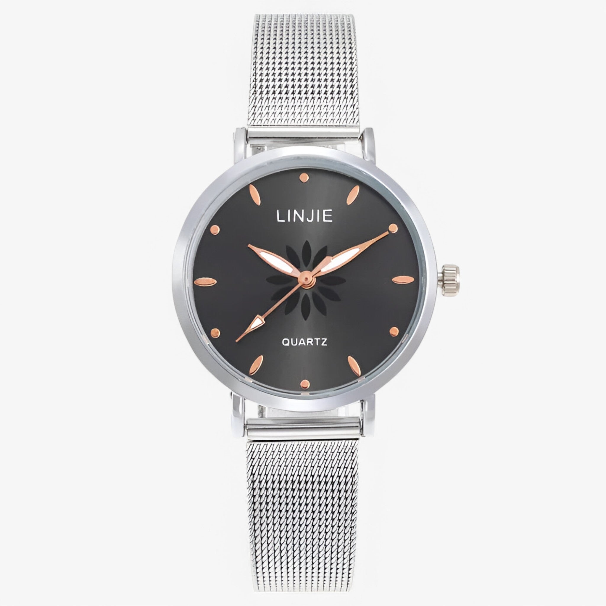 Orologio minimalista in argento con fiori e cinturino in acciaio - Nera - acciaio cinturino female watch fiori minimalista orologio orologio minimalista watch for women watches - Concept Palermo