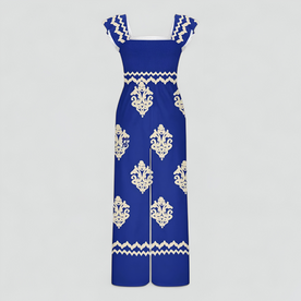 Tuta Donna Bohemien Elegante a Vita Alta, Gamba Larga, Floreale, Casual Estiva - Blu - abbigliamento casual alta bohemien donna gamba larga moda estiva one-pieces stile vintage tuta tuta a vita alta tuta bohemien tuta con maniche a cappuccio tuta donna tuta elegante tuta gamba larga tuta leggera Vintage Women - Concept Palermo