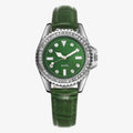 Reloj de mujer en piel verde esmeralda con diamantes brillantes