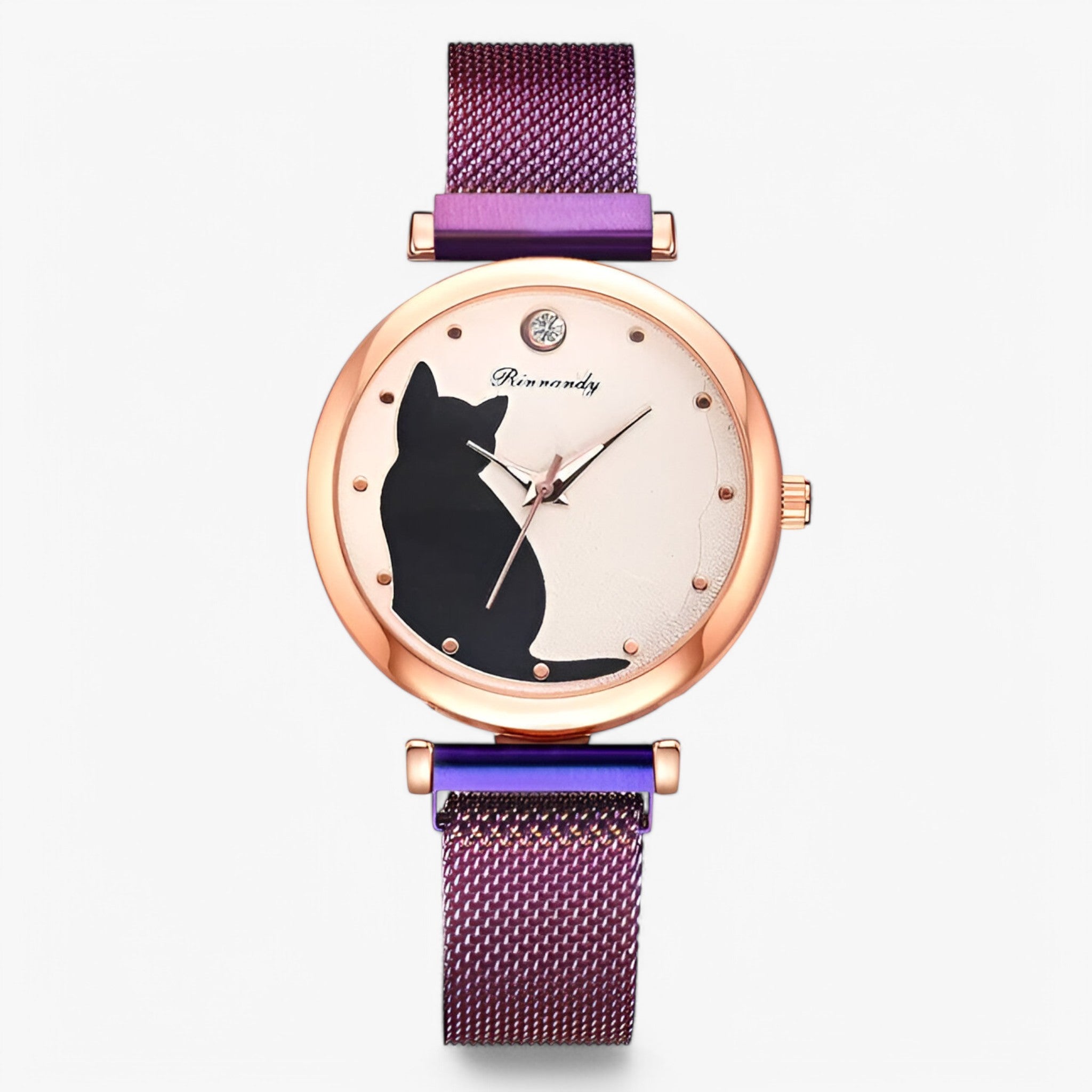 Orologio da donna con quadrante a forma di gatto e cinturino in maglia – Set da 5 pezzi - Viola - cinturino donna female watch forma gatto maglia orologio orologio donna pezzi watch for women - Concept Palermo