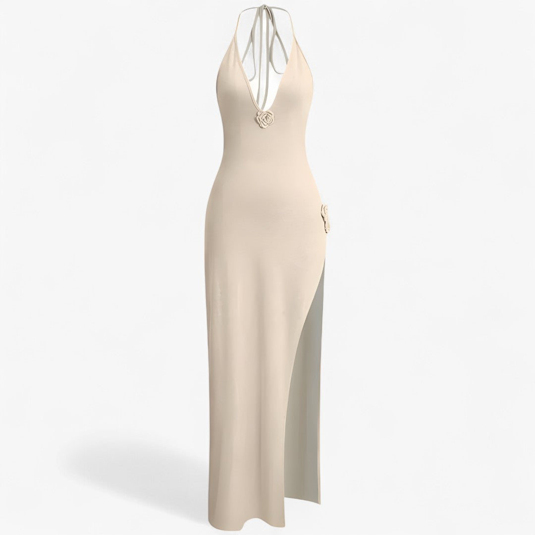 Abito lungo in maglia con rosetta – Eleganza scolpita in morbida crema - Beige S - abito abito maglia crema Dresses eleganza female dress maglia Maxi Dresses morbida rosetta - Concept Palermo