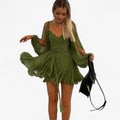Mini vestido plisado verde sexy con mangas largas y escote en V