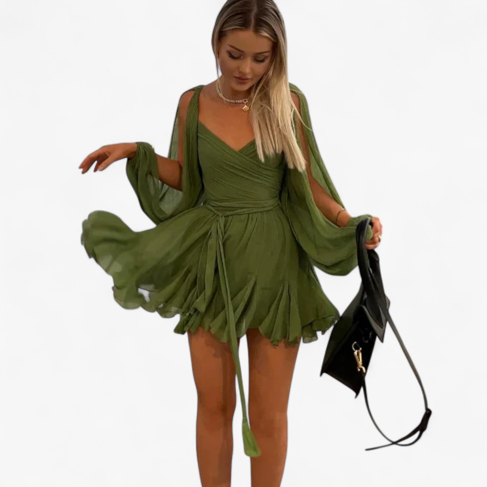 Mini abito plissettato verde sexy con maniche lunghe e scollo a V - - abito abito plissettato casual dresses DRESS dresses female dress lunghe maniche Mini Dresses plissettato scollo sexy - Concept Palermo
