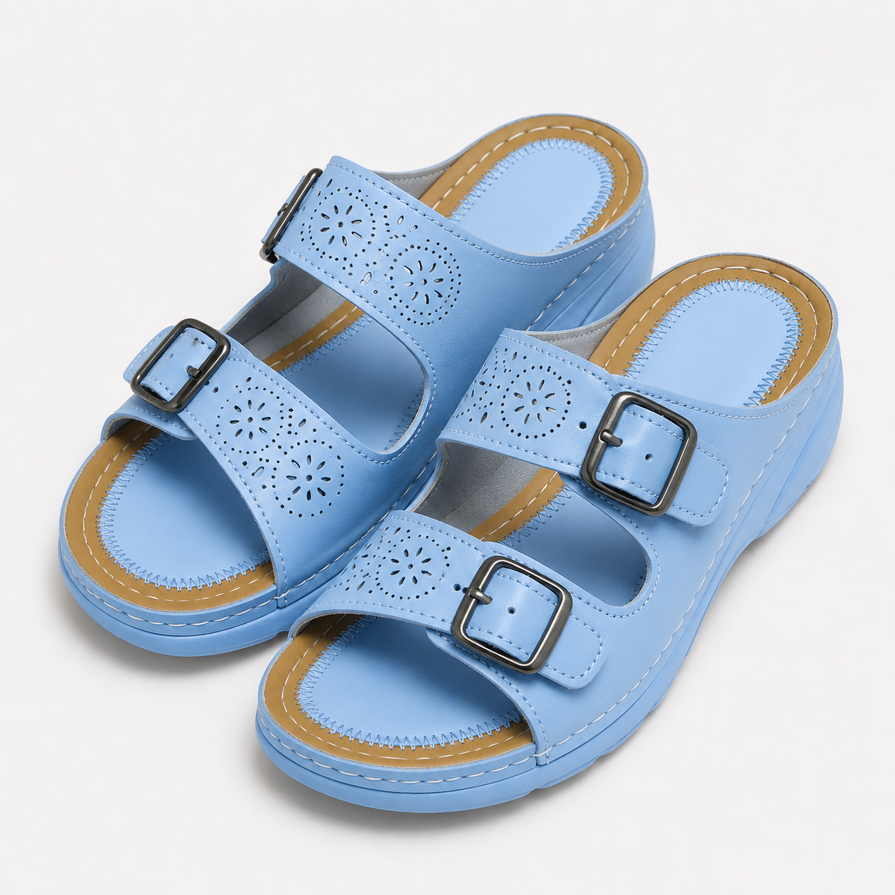 Sandali Donna con Doppia Fibbia Regolabile e Tomaia in PU - Azzurro chiaro - attacchi comodità estiva New Arrivals ortopedici sandali sandali ortopedici Sandals Spring/Summer uomo Women Women shoes - Concept Palermo