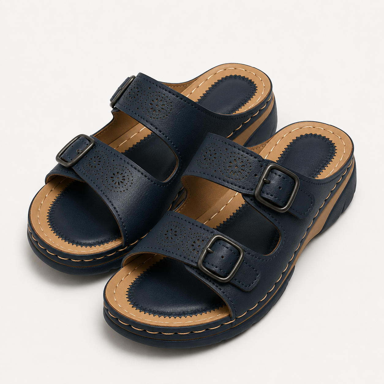 Sandali Donna con Doppia Fibbia Regolabile e Tomaia in PU - Blu scuro - attacchi comodità estiva New Arrivals ortopedici sandali sandali ortopedici Sandals Spring/Summer uomo Women Women shoes - Concept Palermo