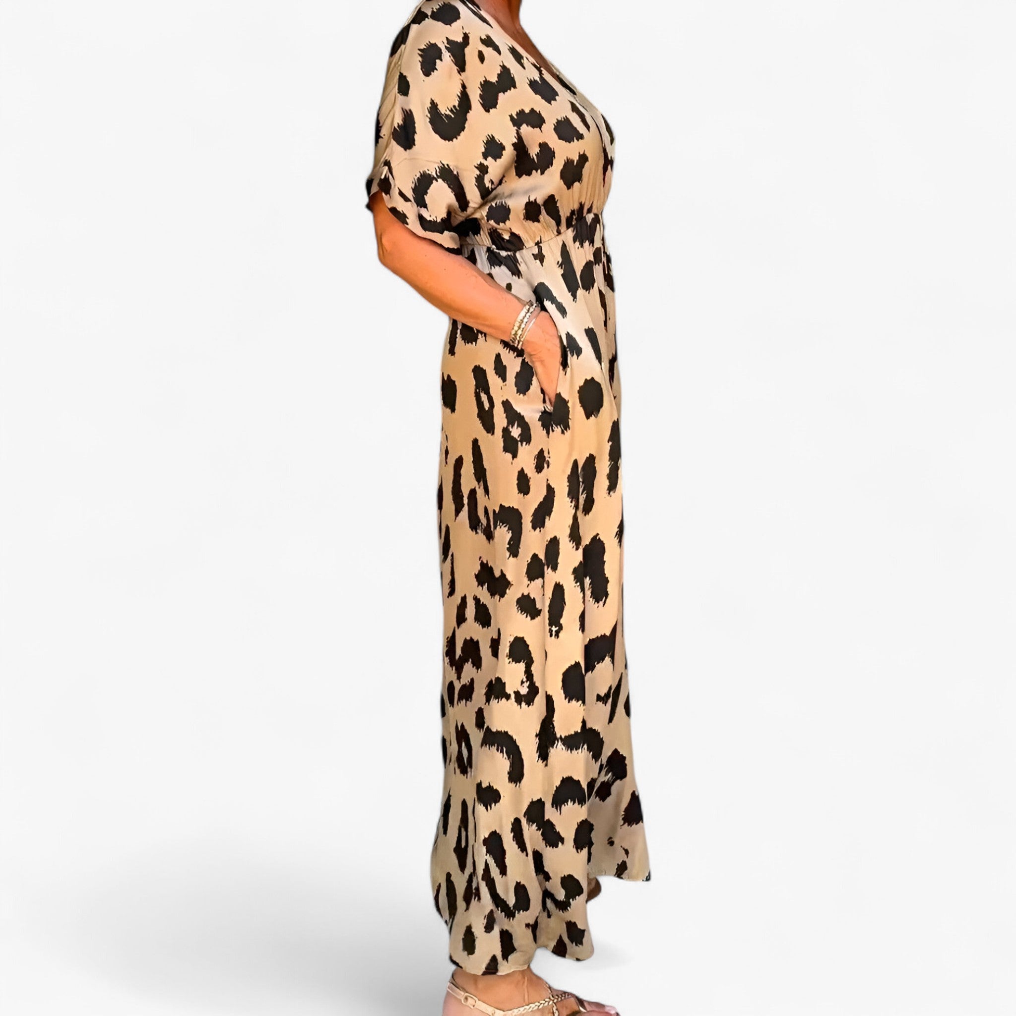 Vestido largo de mujer con estampado de leopardo elegante en chiffon con abertura lateral para ocasiones especiales
