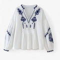 Blusa boho con bordado azul marino, ajuste holgado para mujer