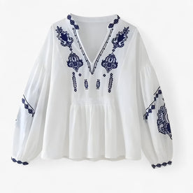 Blusa Boho con ricamo blu navy, vestibilità ariosa Donna - Bianca XS(UK-6) - ariosa blusa blusa boho boho clothes clothes for women clothing/tops/crop-tops donna Linen navy ricamo Solid vestibilità Women women clothes - Concept Palermo