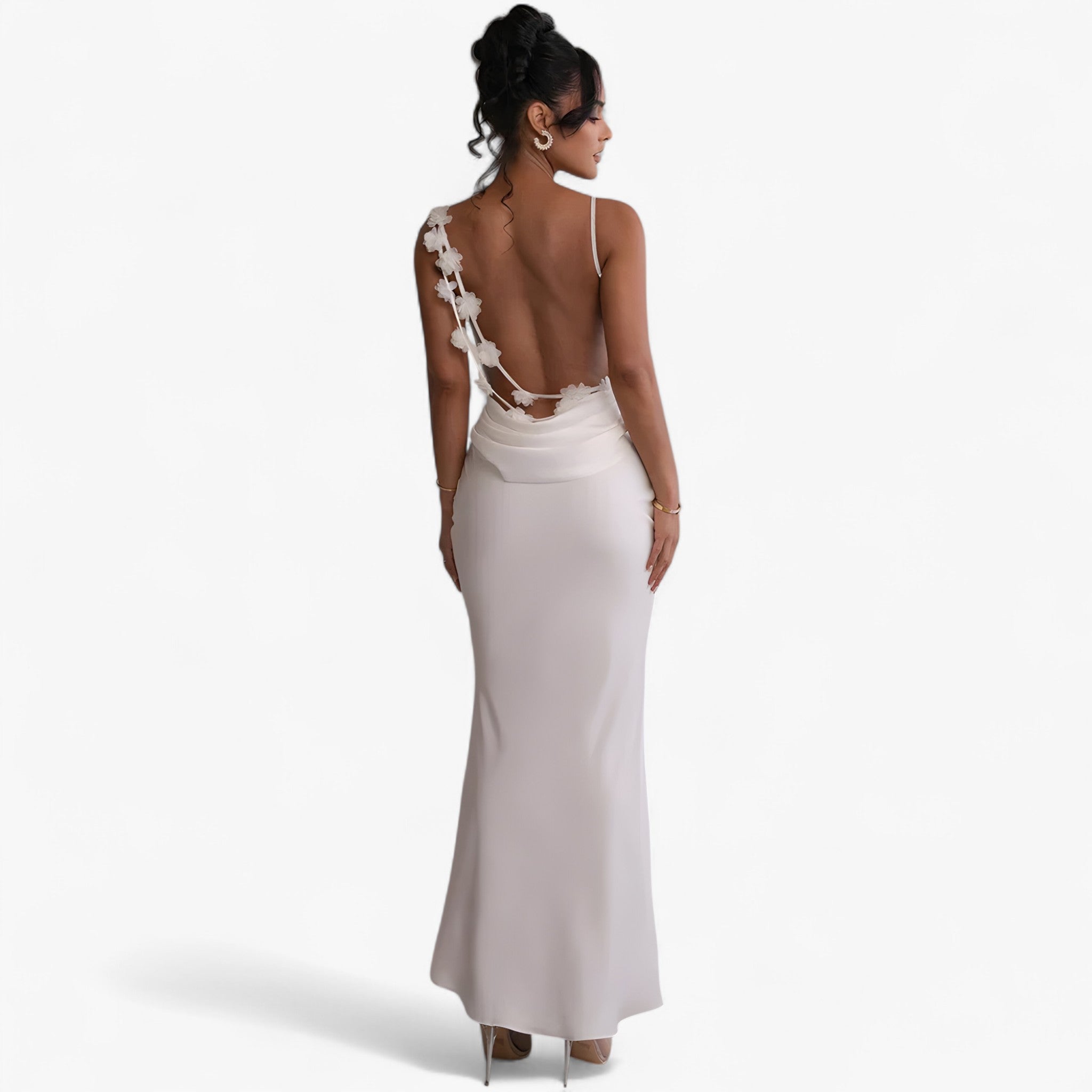 Maxivestito Floreale Donna con Schiena Scoperta Elegante in Pelle - Bianco - donna dresses floreale maxivestito maxivestito floreale pelle schiena - Concept Palermo