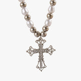 Gotische ketting met kruis van kristal en barokparels voor dames