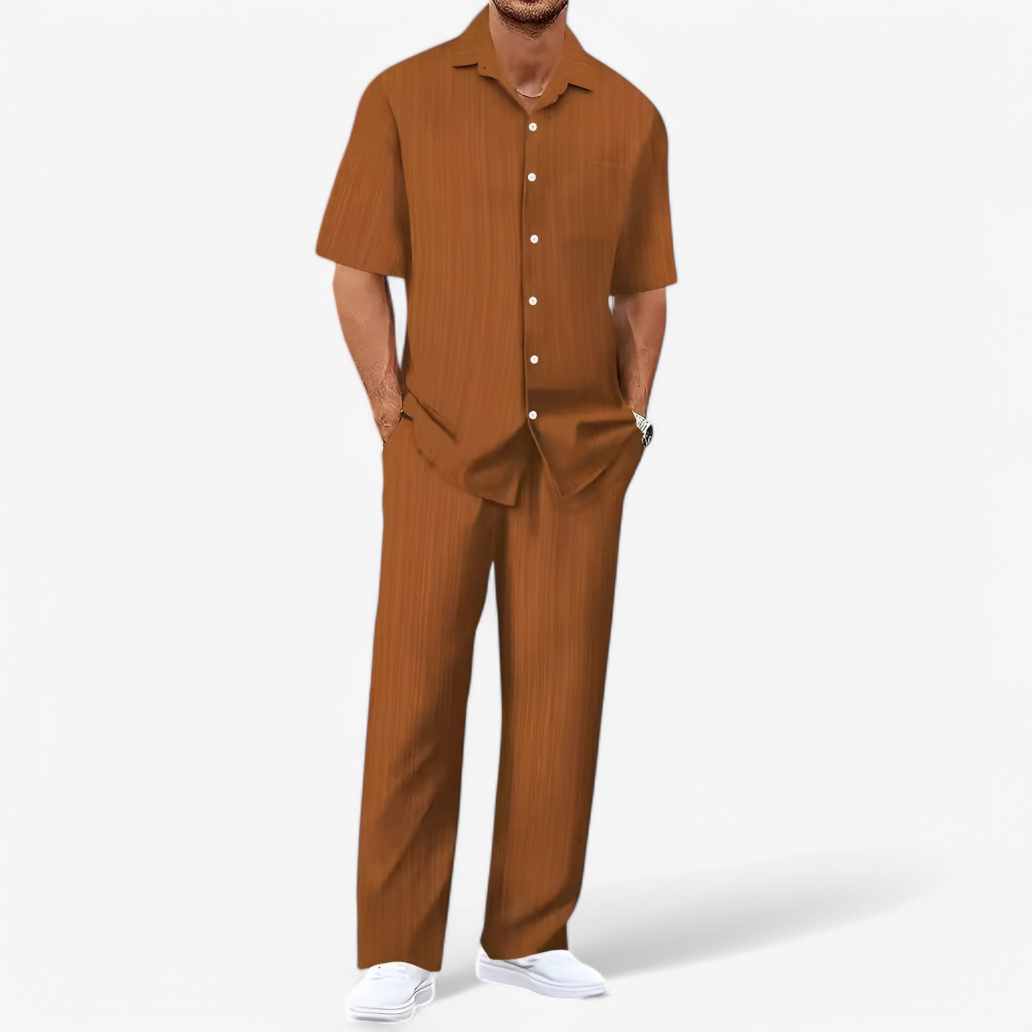 Completo Uomo Business Casual: Camicia Elegante e Pantaloni Slim Fit - Caffè Confezione da 1 - business camicia camicia pantaloni casual outfit sets pantaloni uomo - Concept Palermo