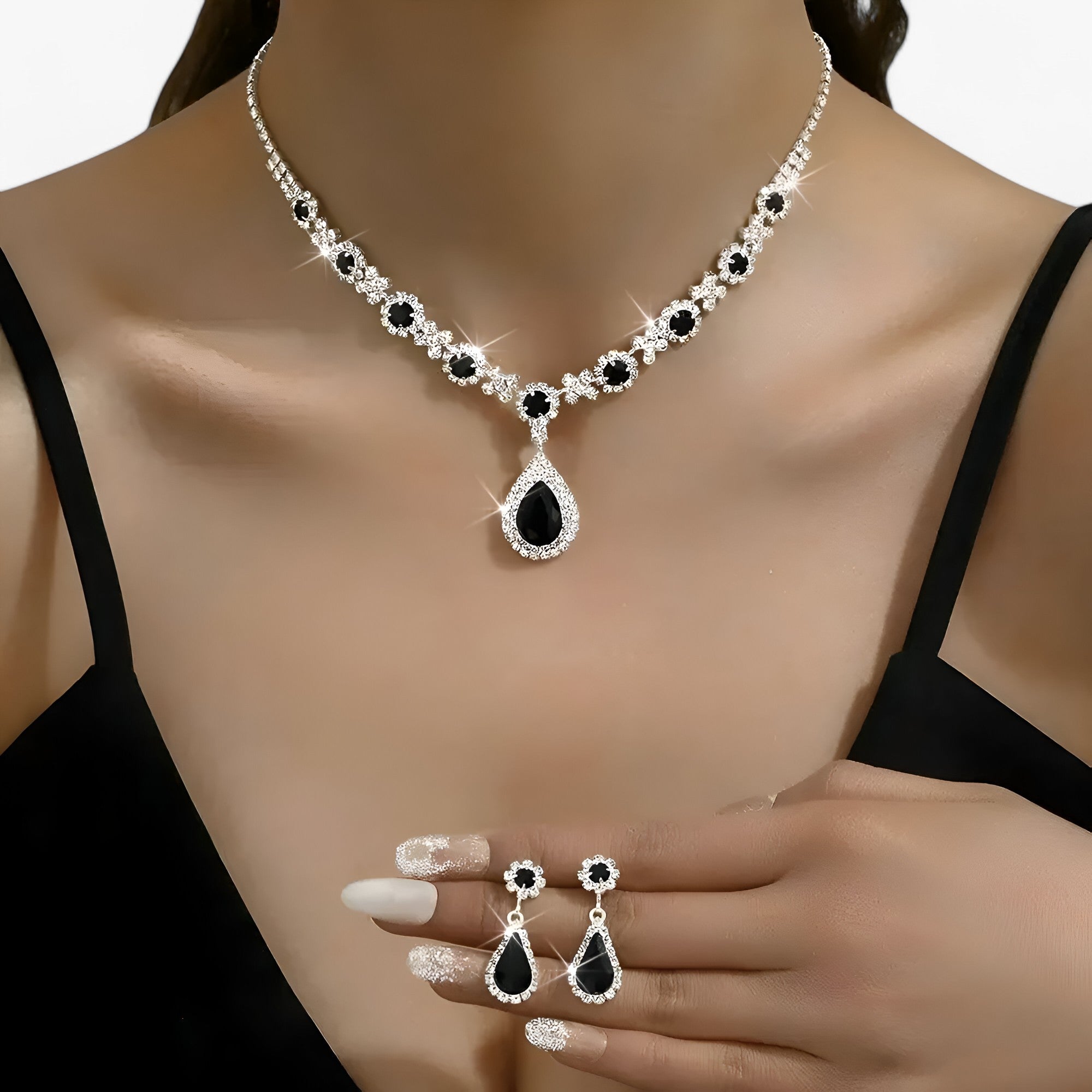 Set Gioielli Sposa Cristallo Goccia: Collana e Orecchini Eleganti Donna Argento 925 - Nero 2 - donna goccia jewelry lana necklaces Necklaces for Women nozze nozze pezzi orecchini pendente WOMEN - Concept Palermo
