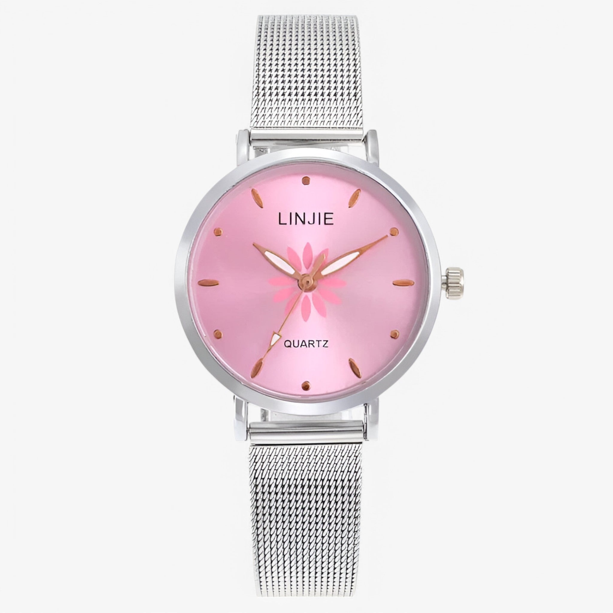 Orologio minimalista in argento con fiori e cinturino in acciaio - Rosa - acciaio cinturino female watch fiori minimalista orologio orologio minimalista watch for women watches - Concept Palermo