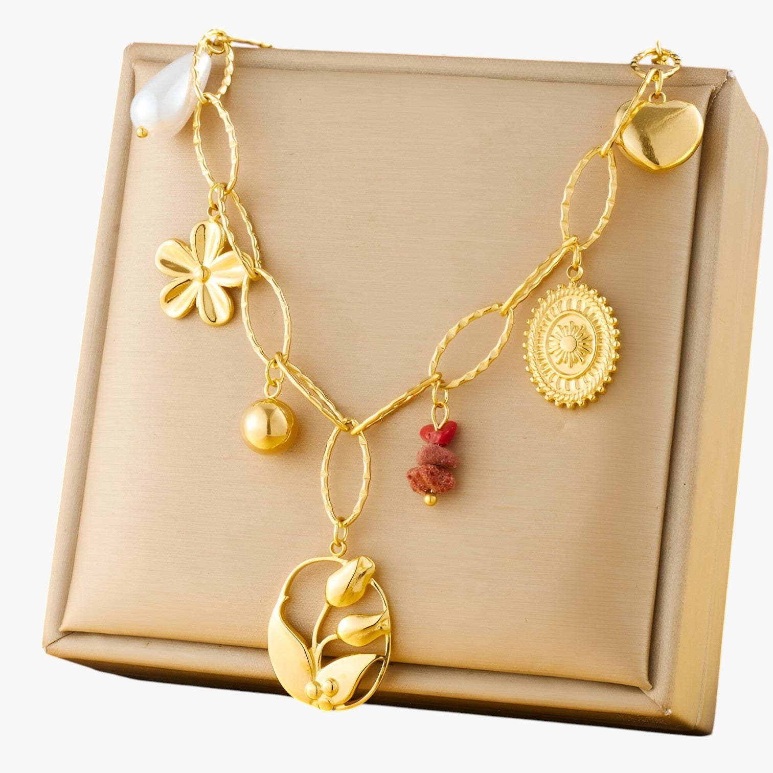 Collana con ciondoli cuore e tulipano - N3343 - ciondoli collana collana ciondoli cuore elegant womens necklaces jewelry necklace NECKLACES Necklaces for Women tulipano - Concept Palermo
