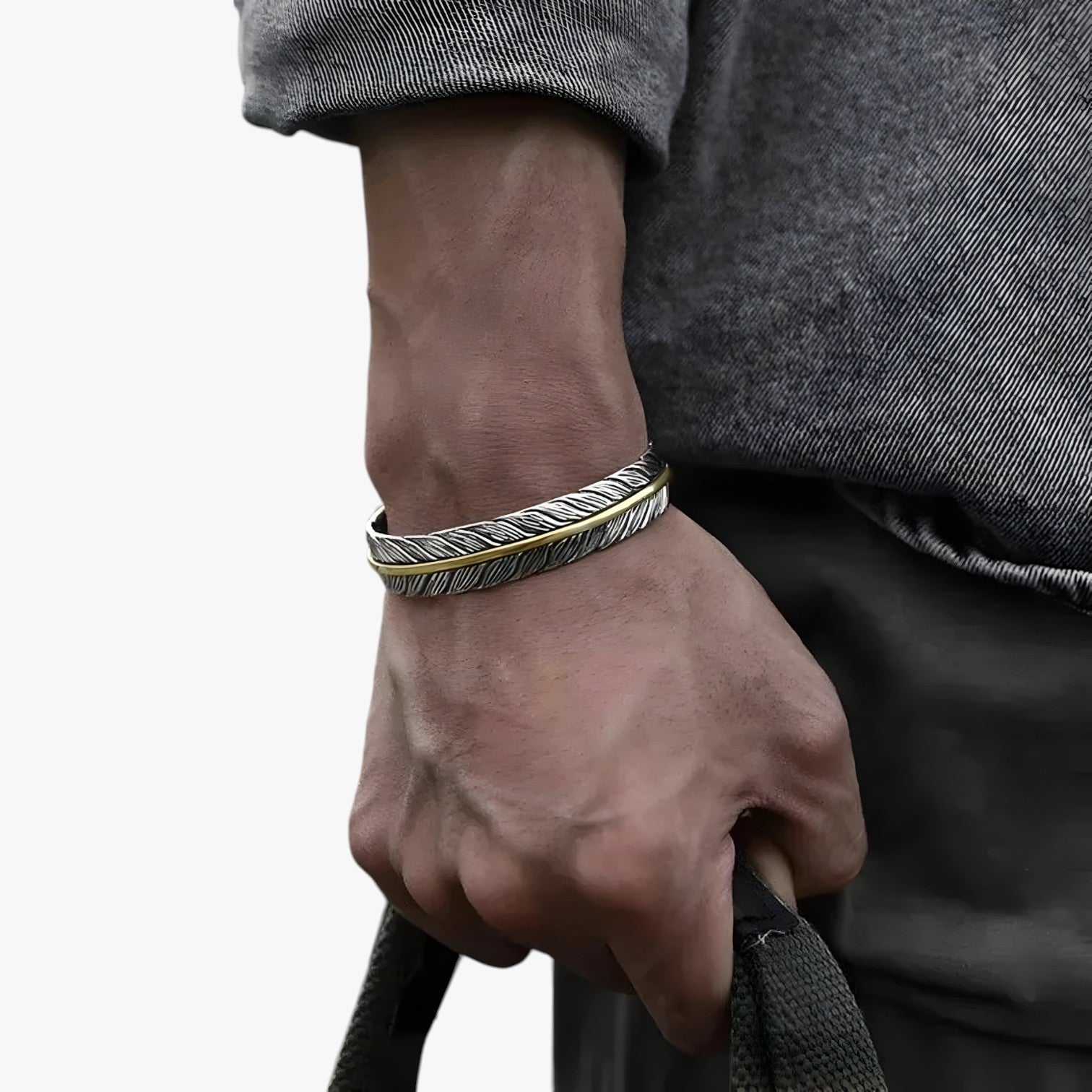Bracciale in Argento 925 con Piuma Dorata Stile Vintage Punk Pelle - - bracciale bracciale piuma BRACELET bracelet for men BRACELETS dorata jewelry mens bracelet pelle piuma punk stile - Concept Palermo