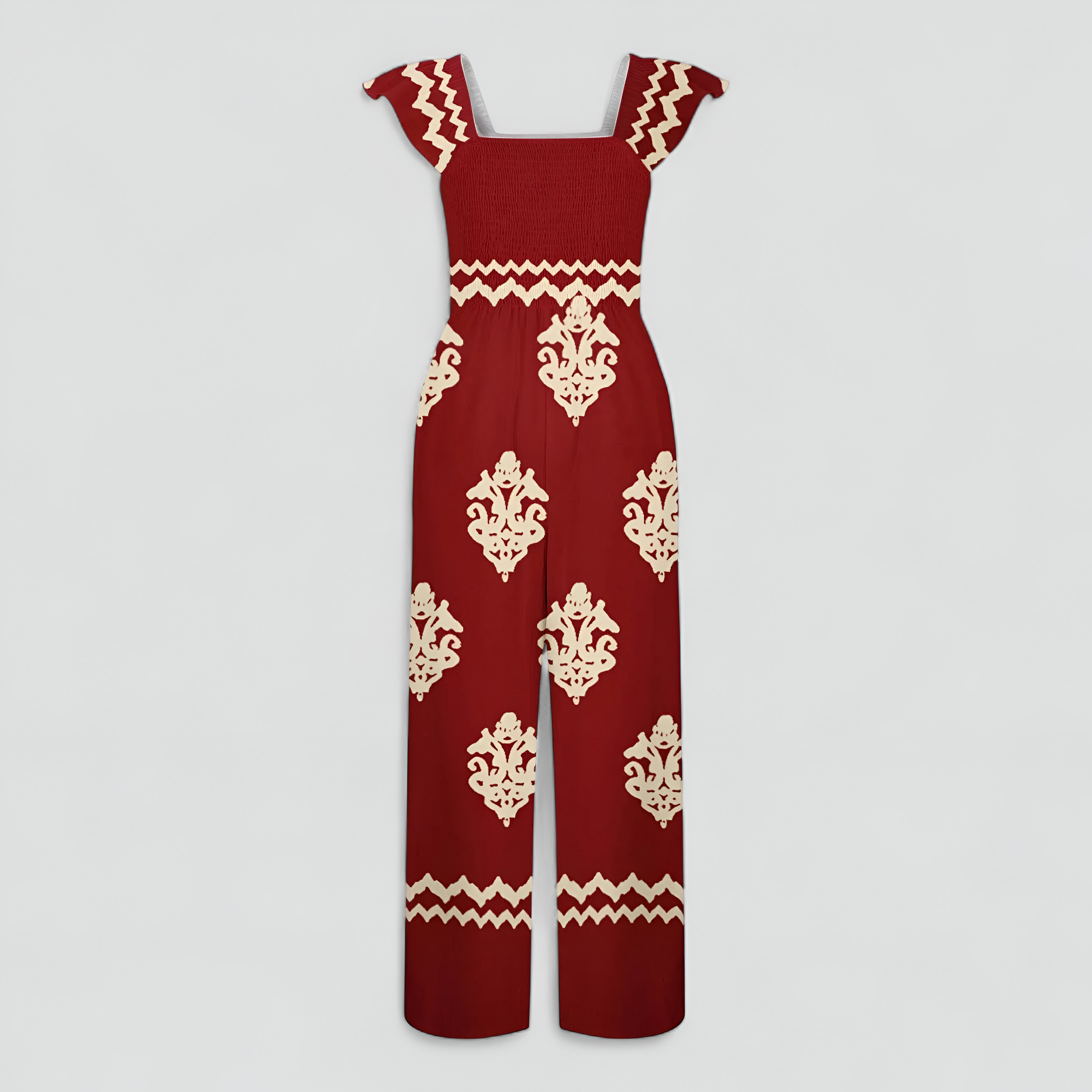 Tuta Donna Bohemien a Vita Alta Gamba Larga - Rosso - abbigliamento casual alta bohemien donna gamba larga moda estiva one-pieces stile vintage tuta tuta a vita alta tuta bohemien tuta con maniche a cappuccio tuta donna tuta elegante tuta gamba larga tuta leggera - Concept Palermo
