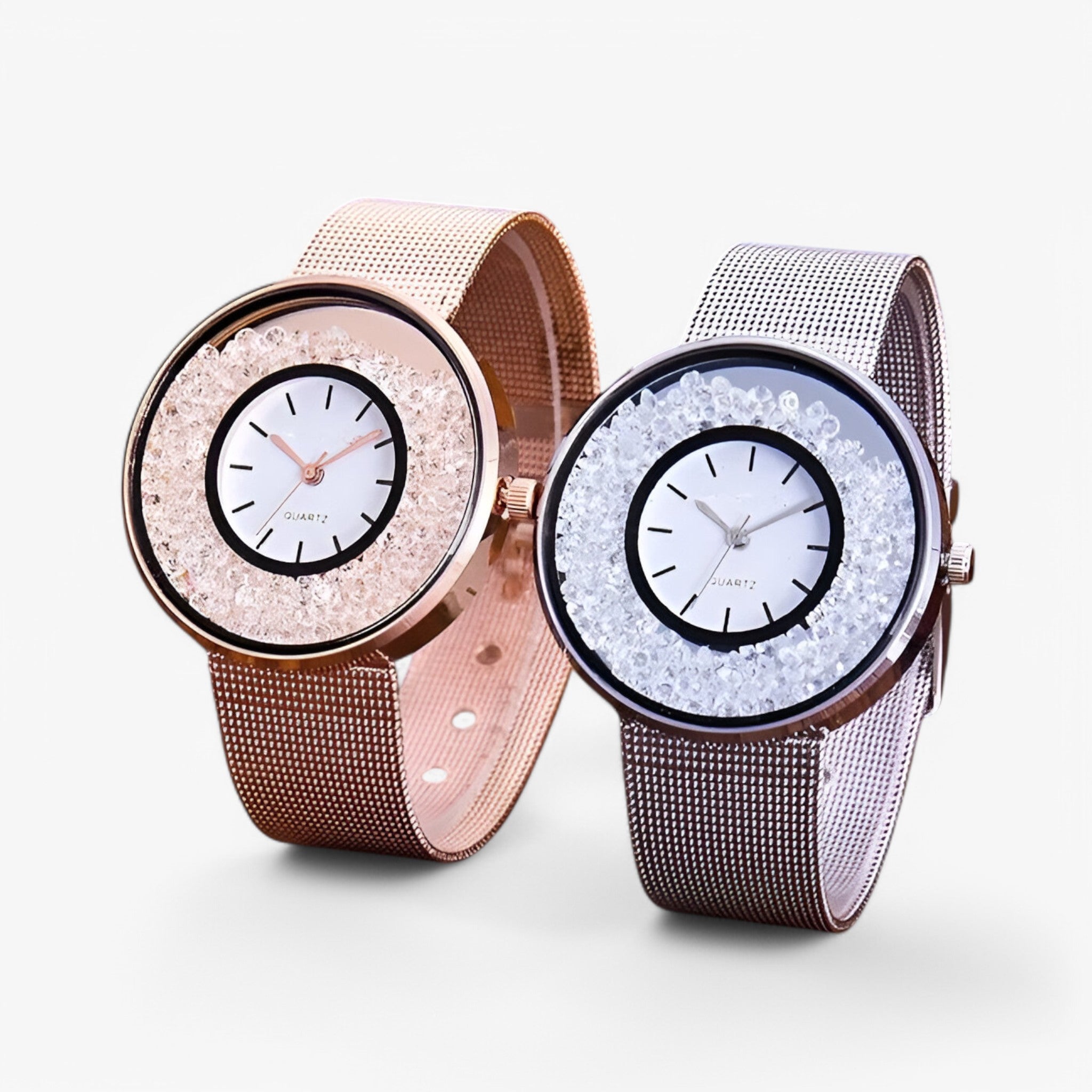 Orologio da donna in acciaio con finitura oro rosa e bracciale in maglia di strass - - acciaio bracciale donna female watch finitura maglia orologio orologio donna strass watch for women - Concept Palermo