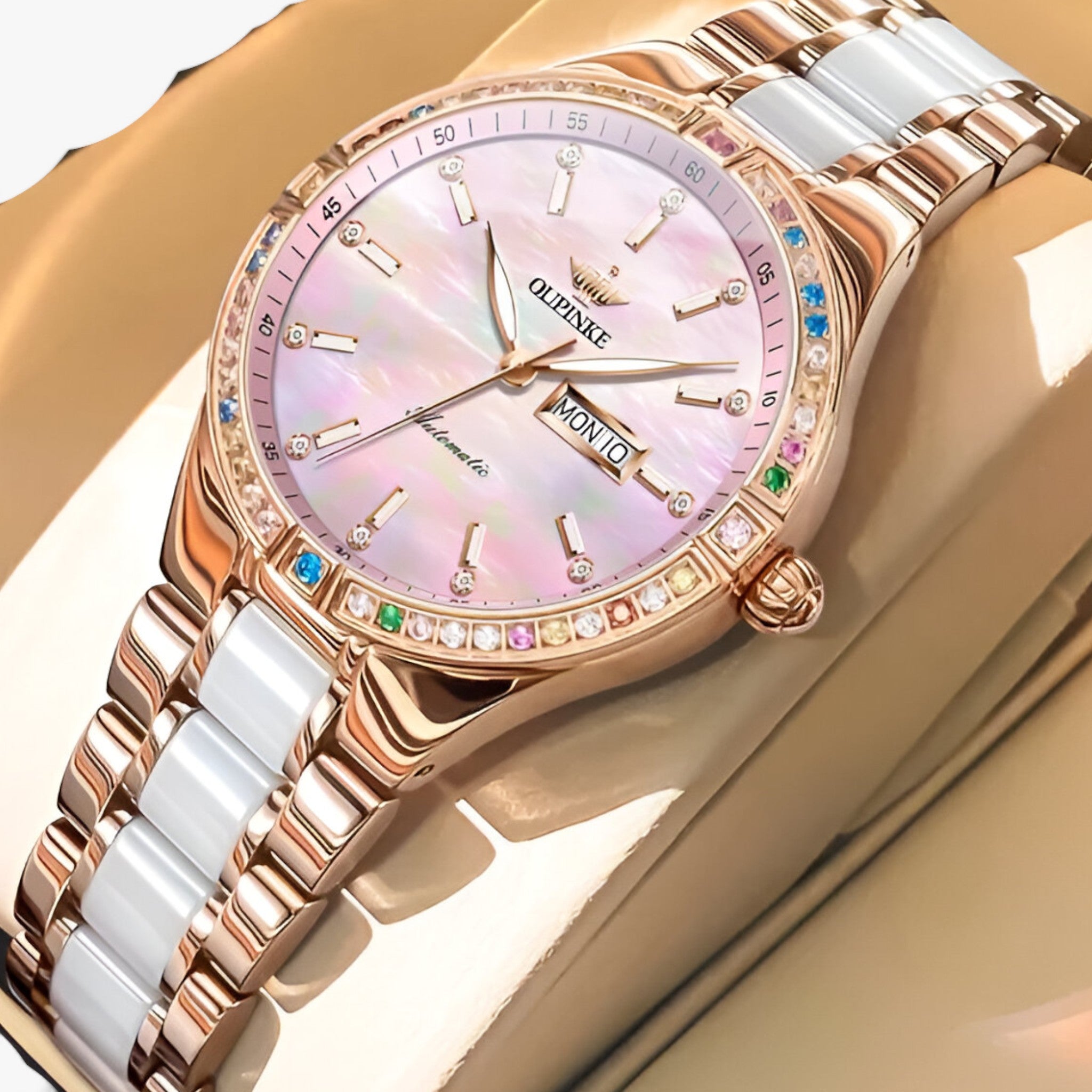 Orologio Automatico da Donna di Lusso Meccanico, Elegante, con Bracciale in Acciaio Inox - Rosa Bianca - automatico donna female watch meccanico movimento orologio orologio automatico watch for women watches - Concept Palermo