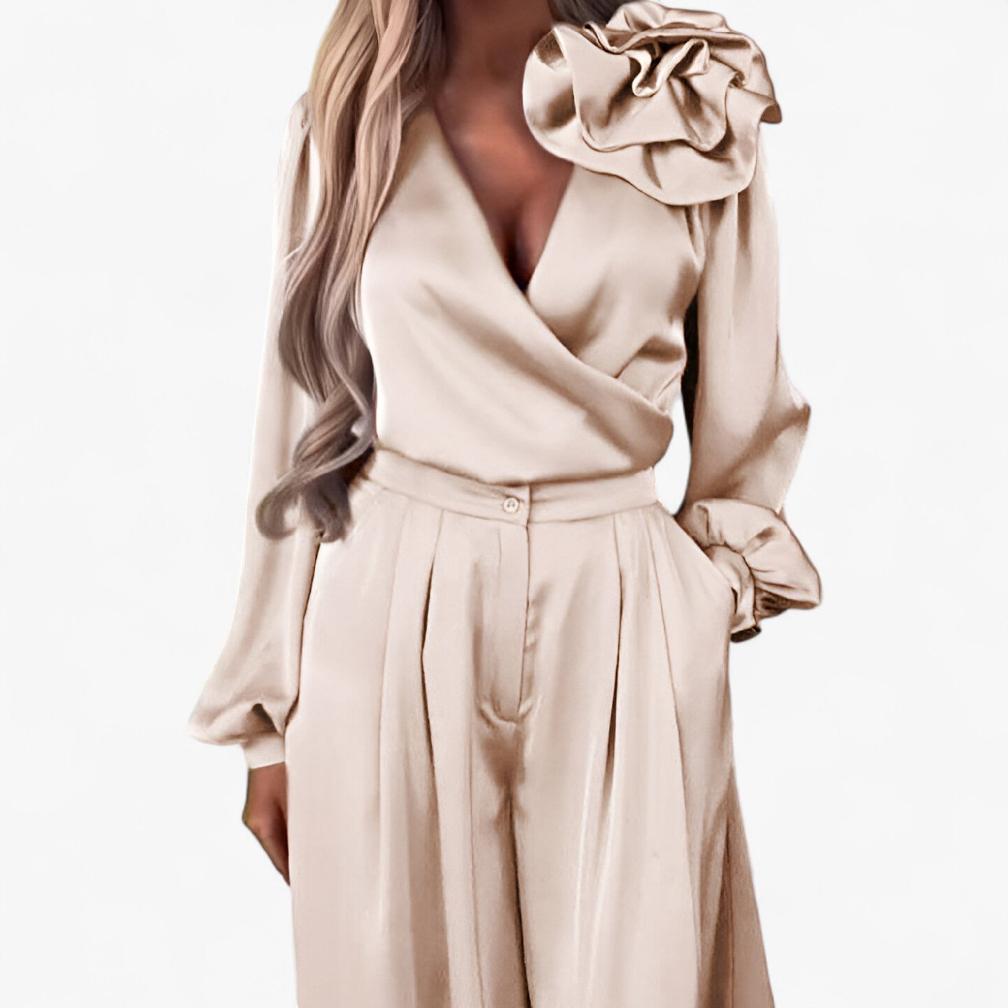 Completo Elegante Donna in Poliestere: Top Sciallato e Pantaloni Larghi Vita Alta - - abbigliamento casual abbigliamento versatile donna donna poliestere larghi look femminile materiale poliestere outfit elegante outfit sets pantaloni pantaloni larghi poliestere set da donna taglie disponibili top scollatura a V vestiti per eventi - Concept Palermo