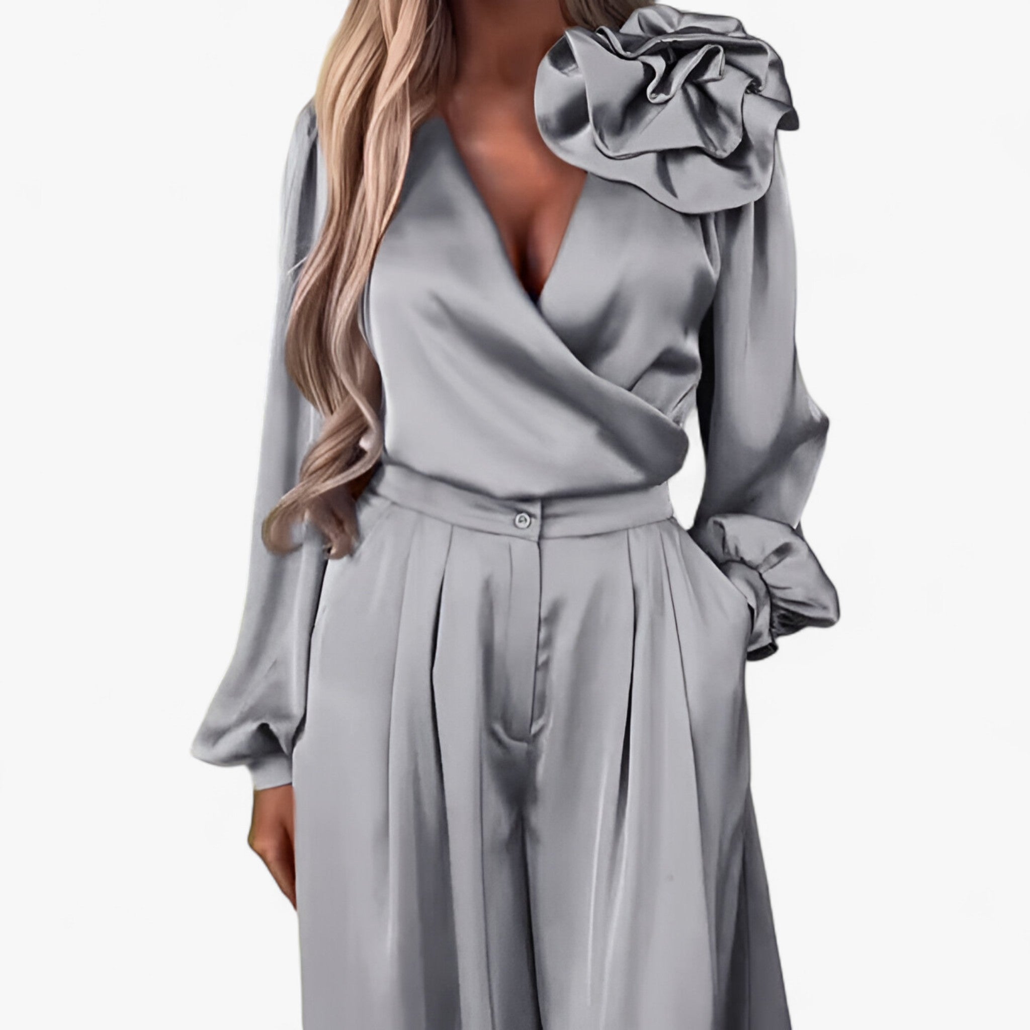 Completo Elegante Donna in Poliestere: Top Sciallato e Pantaloni Larghi Vita Alta - - abbigliamento casual abbigliamento versatile donna donna poliestere larghi look femminile materiale poliestere outfit elegante outfit sets pantaloni pantaloni larghi poliestere set da donna taglie disponibili top scollatura a V vestiti per eventi - Concept Palermo