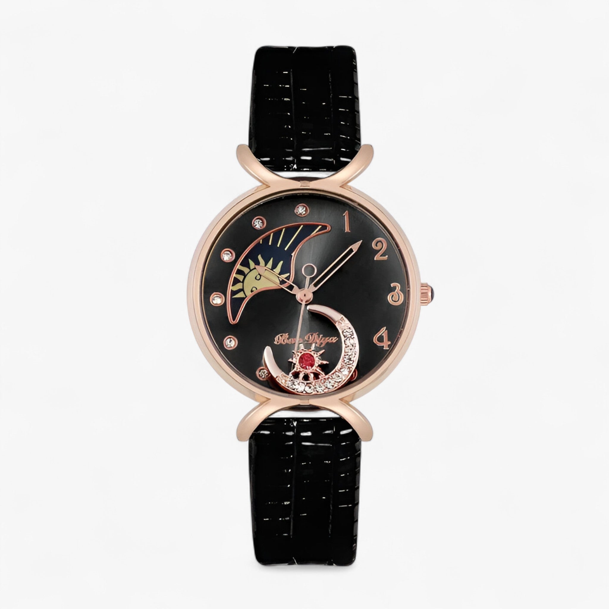Orologio da donna di lusso al quarzo con cinturino in pelle e luna mobile - Nera - cinturino donna female watch luna mobile orologio orologio donna pelle quarzo watch for women - Concept Palermo