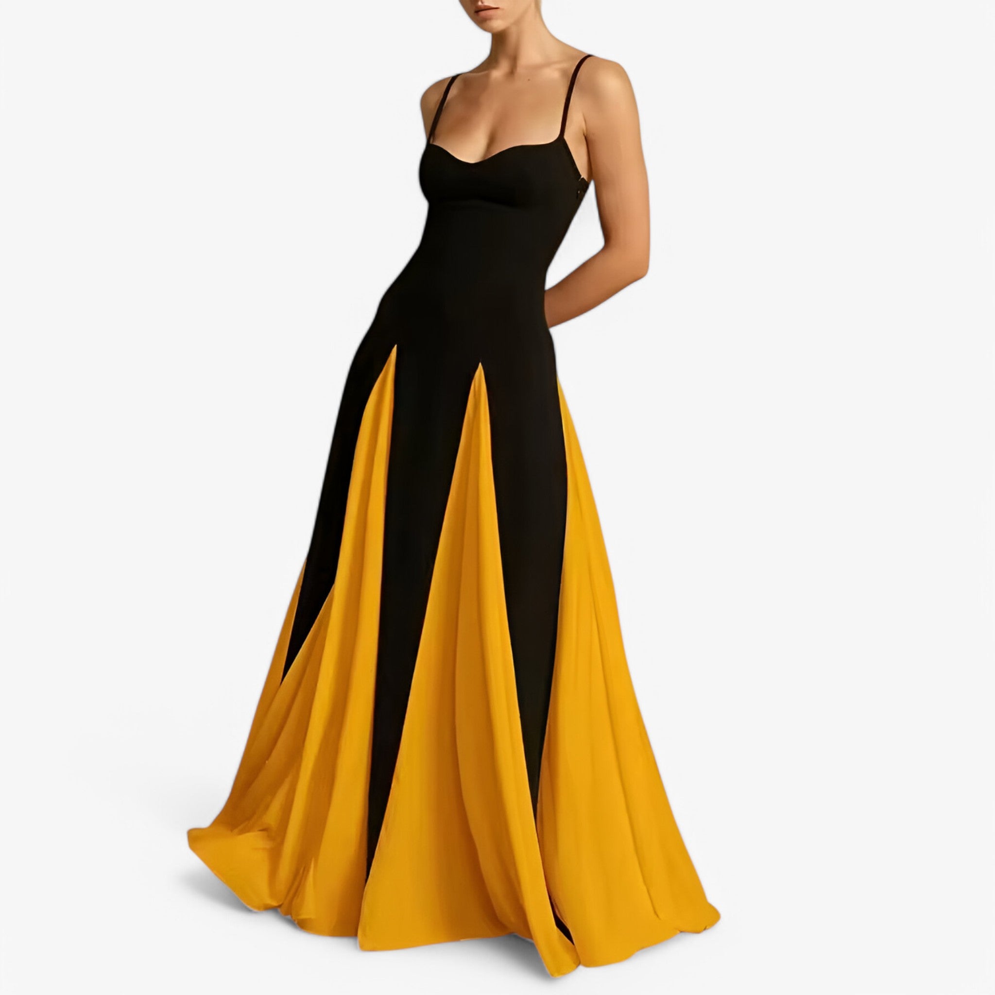 Abito da Sera Donna Elegante Spalle Scoperte, Vestito Lungo Cerimonia in Raso Nero - Colore girasole - abito abito sera donna dresses scoperte sera spalle - Concept Palermo