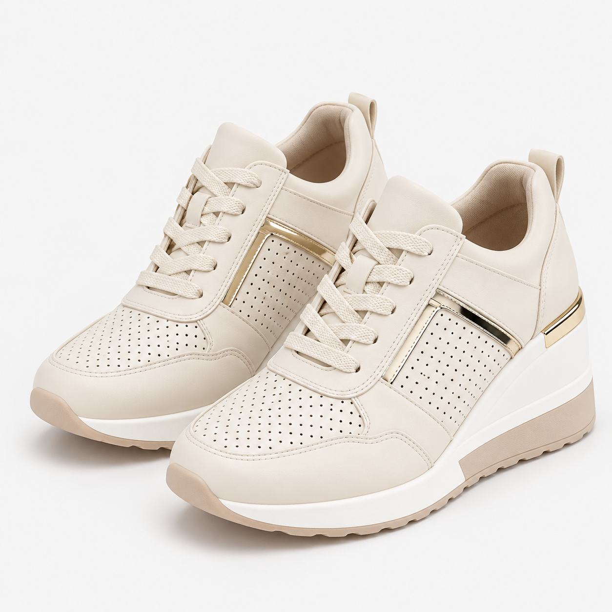 Sneakers Donna Nere con Zeppa 8cm, Dettagli Metallici, Comode ed Eleganti - Bianca - comoda dettagli donna Fashion female-ai metallici Schuhe shoes sneakers sneakers donna suola women - Concept Palermo