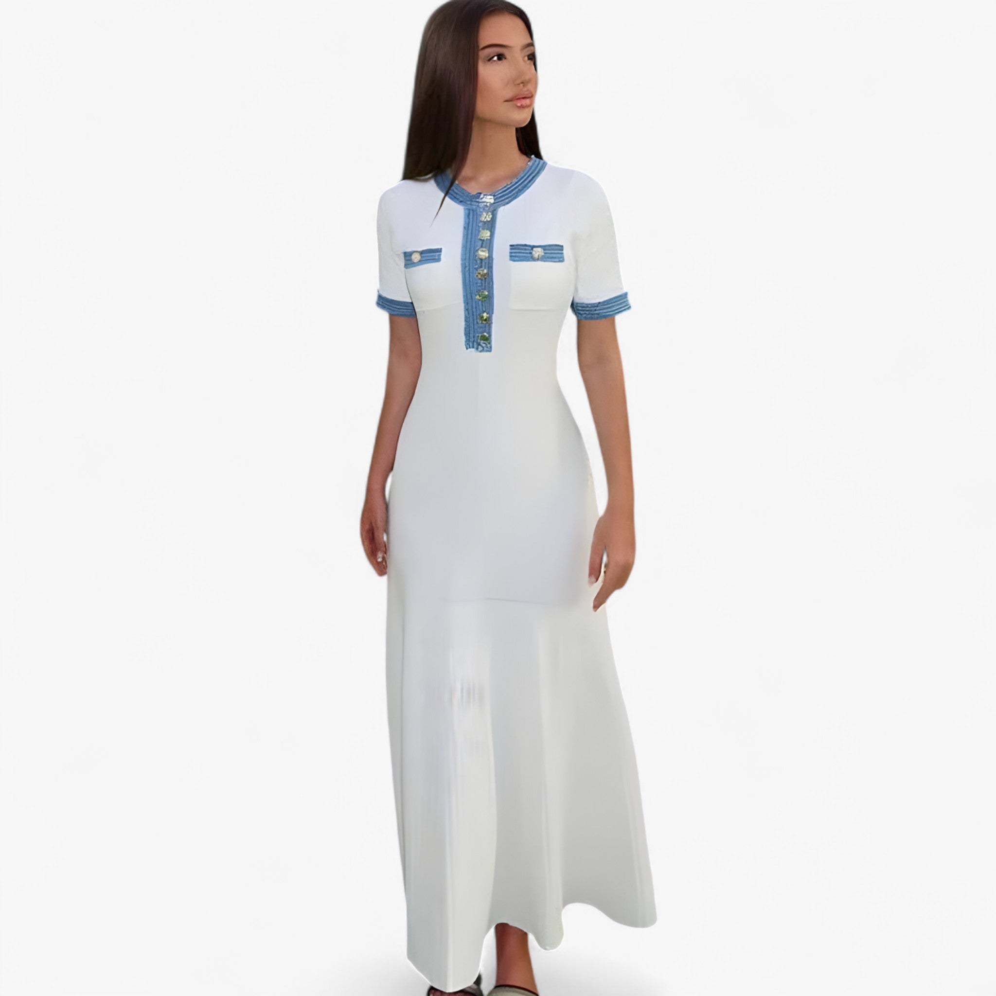 Abito lungo in maglia bianca con finiture in denim Pelle Donna - - abito abito maglia bianca denim donna Dresses female dress finiture maglia Maxi Dresses - Concept Palermo