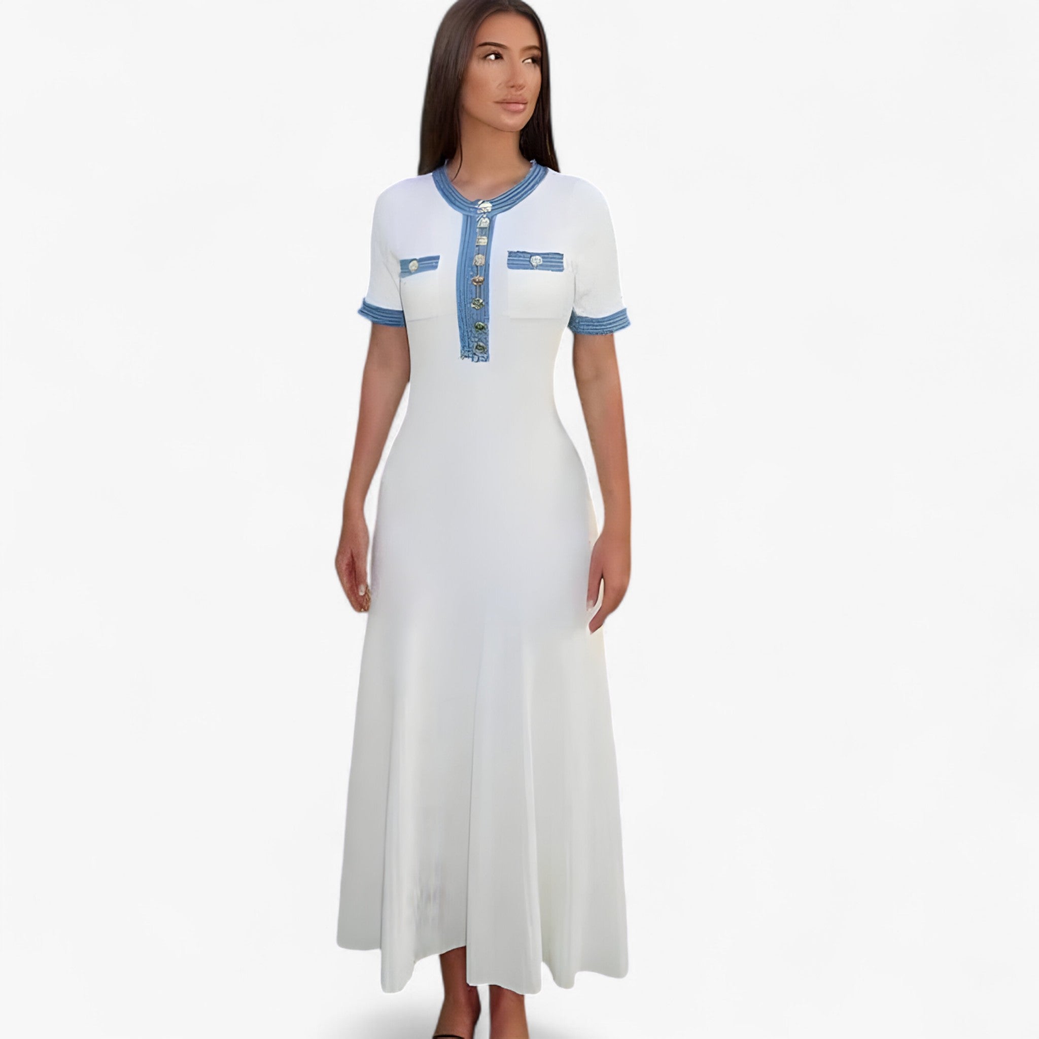 Abito lungo in maglia bianca con finiture in denim Pelle Donna - - abito abito maglia bianca denim donna Dresses female dress finiture maglia Maxi Dresses - Concept Palermo