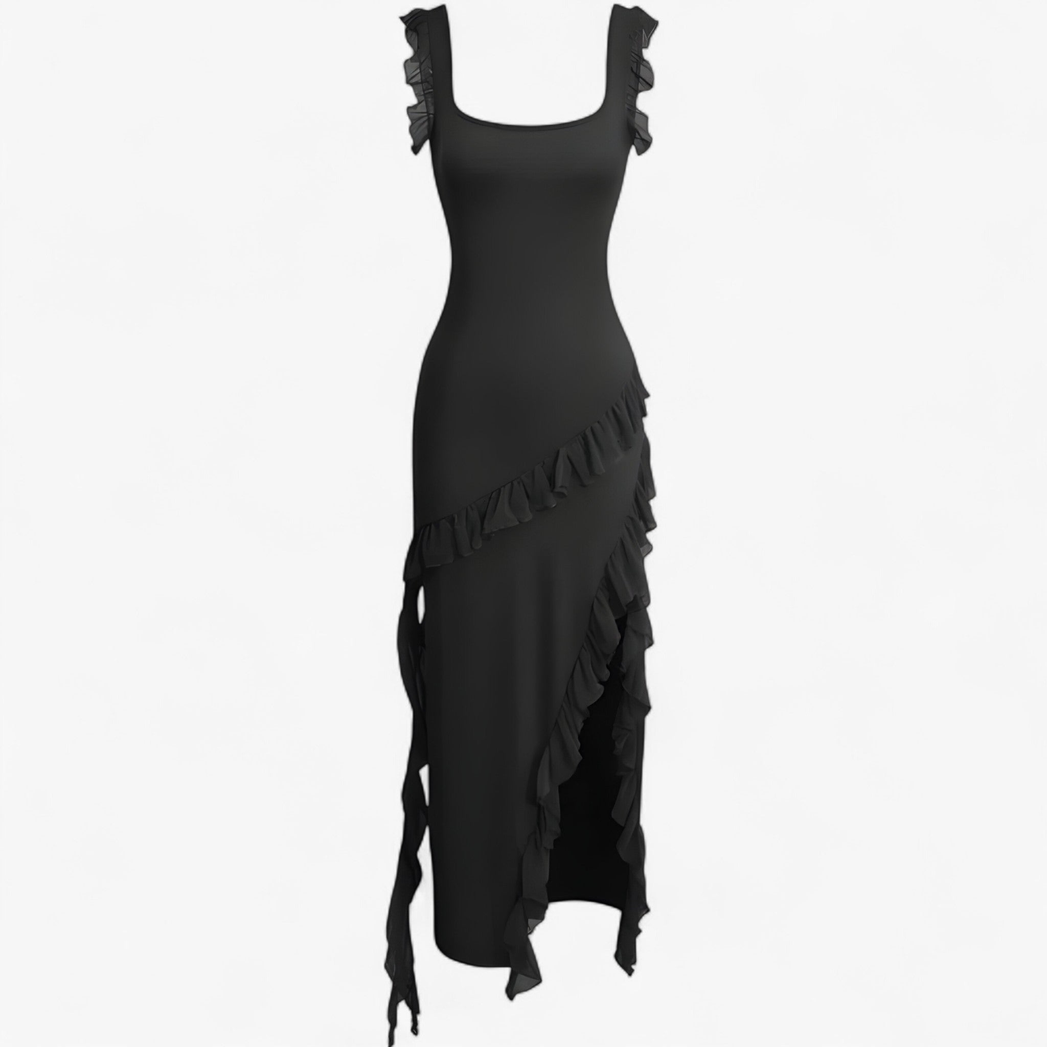 Abito midi con volant a cascata Donna - Nero S - abito abito midi cascata casual dresses donna DRESS Dresses female dress Maxi Dresses midi Mini Dresses volant - Concept Palermo