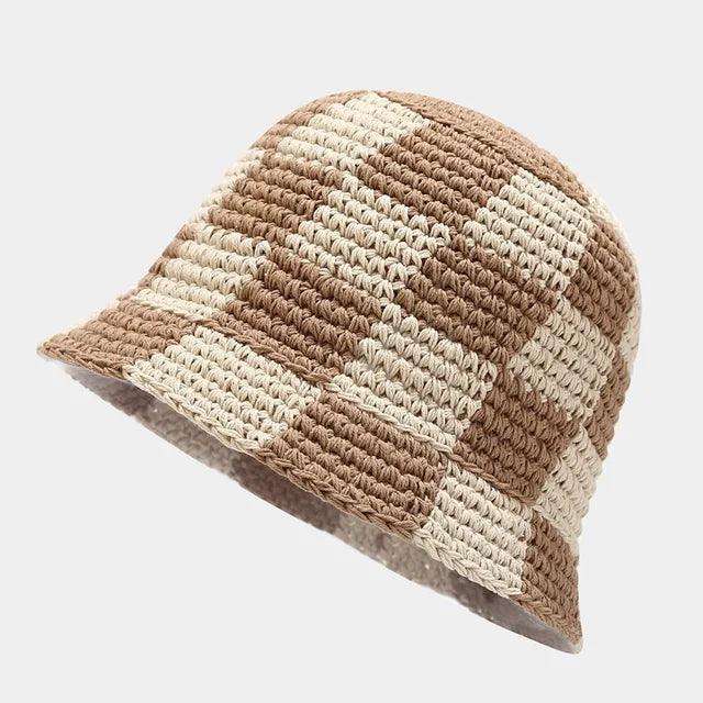 Cappello Pescatore Donna in Cotone Bianco/Nero a Scacchi, Fatto a Mano all'Uncinetto - Marrone e bianco Una misura - cappello donna fatto mano motivo pescatore scacchi uncinetto women's hat - Concept Palermo