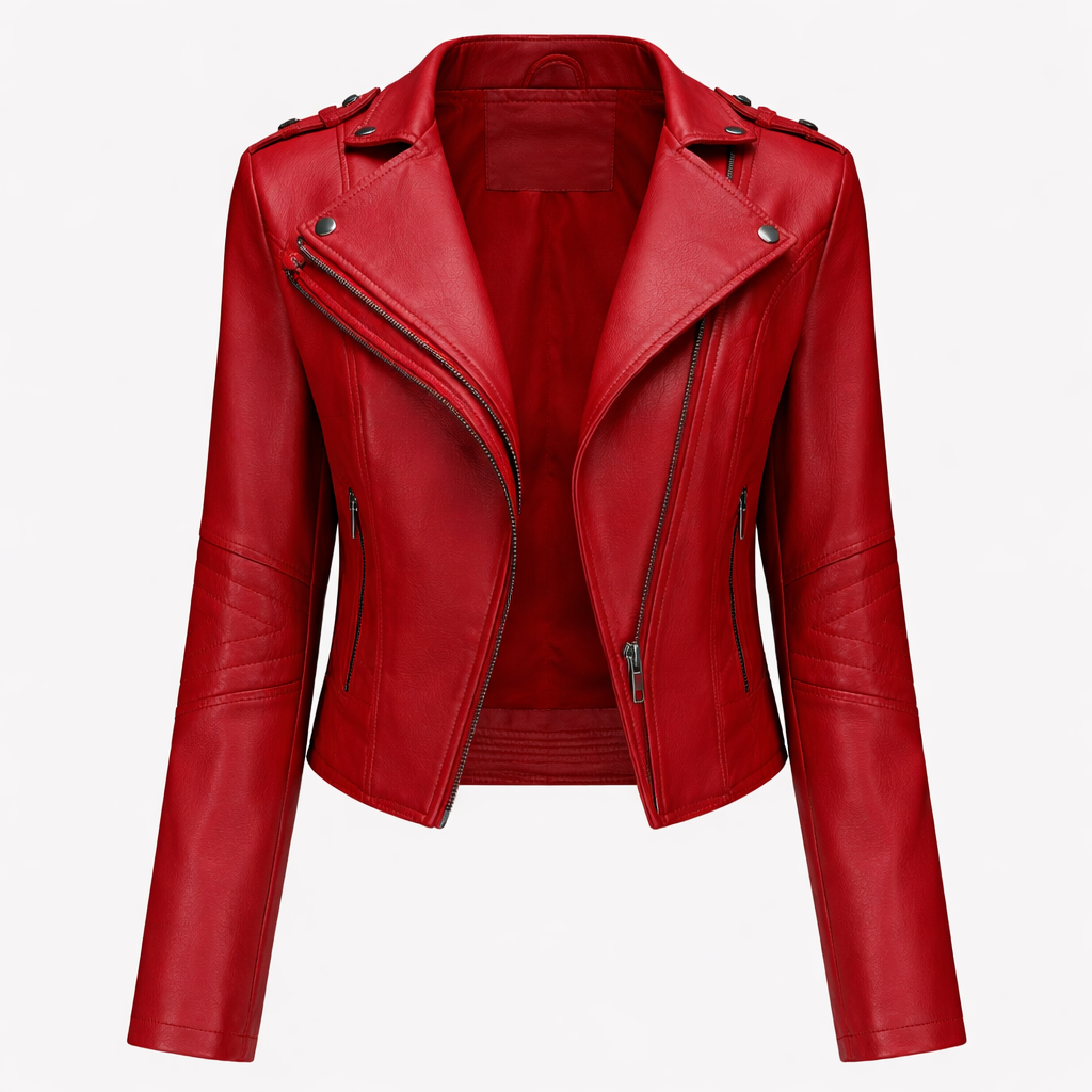 Giacca Biker Donna Nera in Poliestere - Stile Moto Elegante e Confortevole - Rosso - collo collo alto donna giacca giacca asimmetrica giacca casual giacca da donna giacca elegante giacca in pelle giacca inverno giacca nera giacca pelle giacche da donna moda donna nera pelle pelle nera stile motociclista - Concept Palermo
