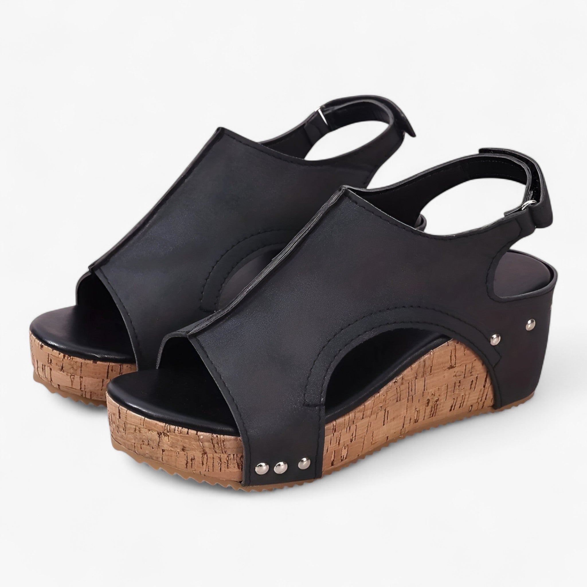 Sandalias con cuña plataforma negras para mujer en piel sintética: cómodas, elegantes, de verano